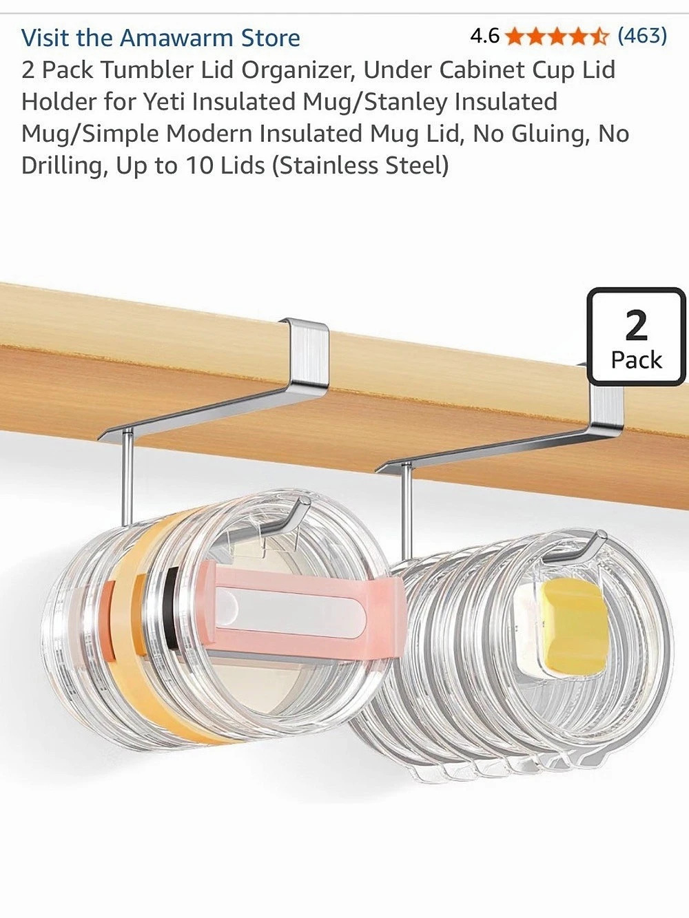 2 Pack Tumbler Lid Organizer Under Cabinet Cup Lid Holder